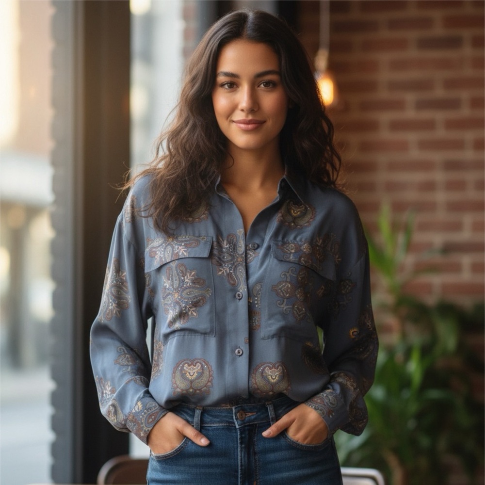 Linda Allard for Ellen Tracy Vintage Blue Paisley Silk Blouse